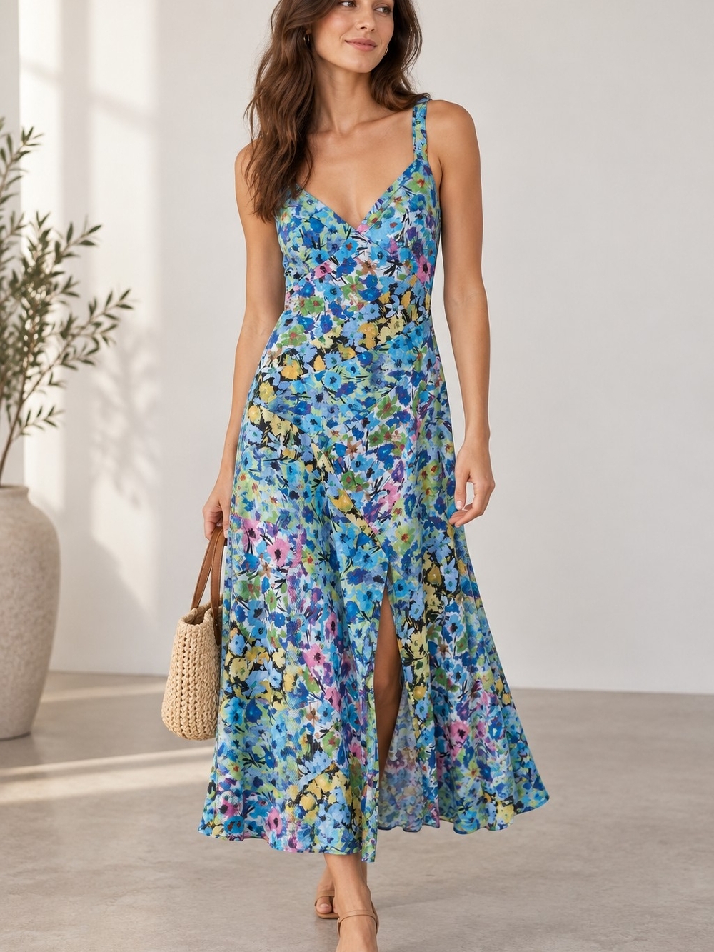 ZARA Floral Maxi Dress Blue Multicolor V Neck Smocked Back S